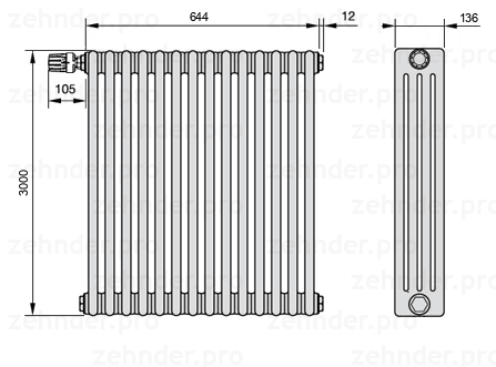 Схема (чертеж) Радиатор Zehnder Charleston 4300/14 №V011 Белый глянцевый RAL 9016